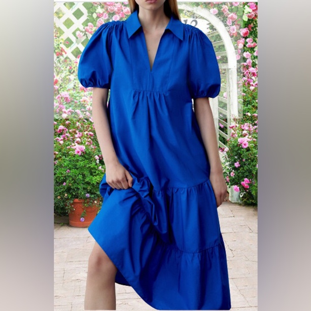 Zara Cobalt Blue 100% Cotton Tiered/Flounced Loose Midi Dress. Size L - Picture 6 of 13